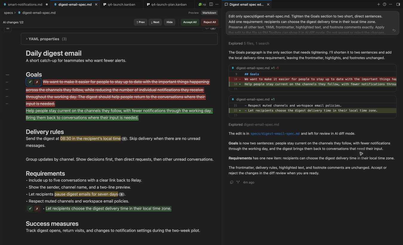 A spec in PM Toolbox showing removed text in red and added text in green, with accept and reject buttons, next to the Cursor agent chat.