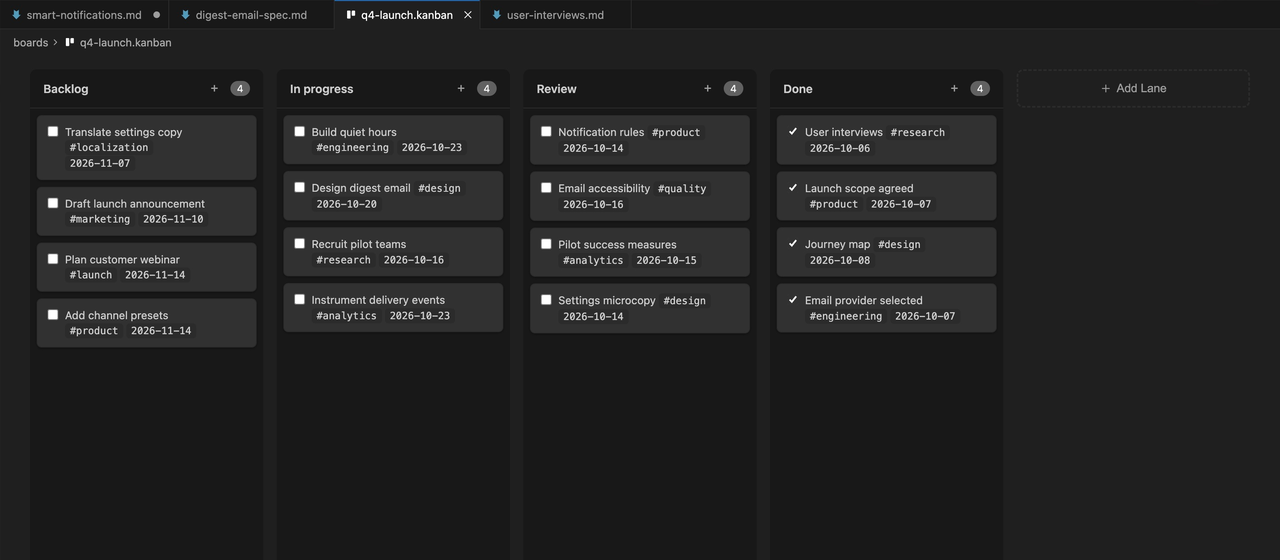 A Q4 launch kanban board in PM Toolbox with Backlog, In progress, Review, and Done columns, and cards with tags and dates.