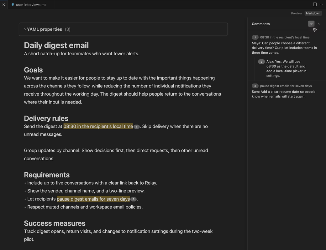 A spec in PM Toolbox with highlighted text and the comments panel showing a thread with a reply.