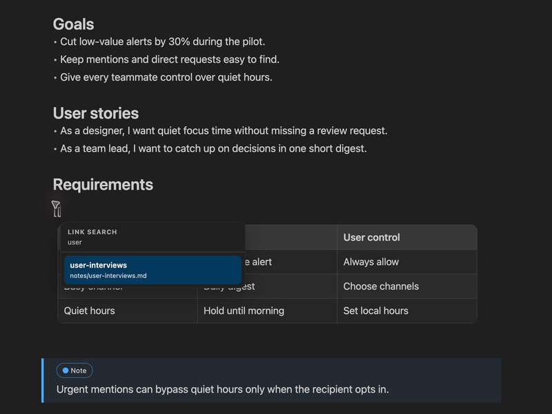 Typing two square brackets in PM Toolbox opens a search of notes in the workspace.