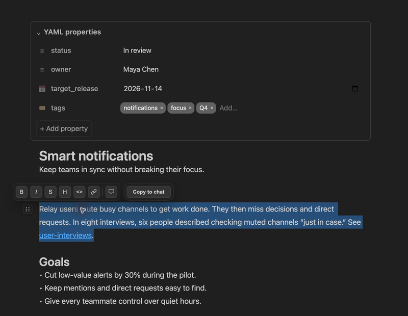 A selected paragraph in PM Toolbox with the selection toolbar showing Copy to chat.