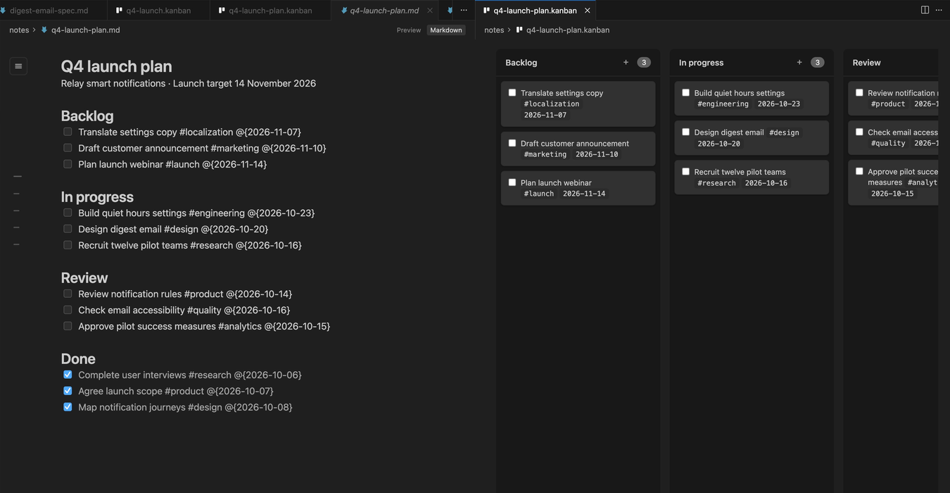A markdown launch plan on the left and the kanban board created from it on the right.