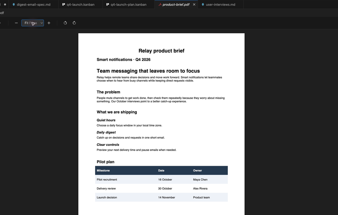 A product brief PDF open in the PM Toolbox PDF viewer inside Cursor.