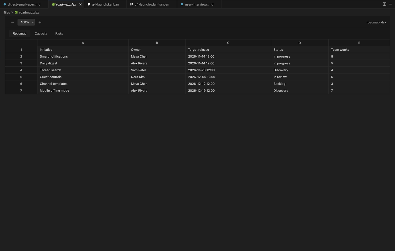 A roadmap spreadsheet open in the PM Toolbox Excel viewer with sheet tabs.